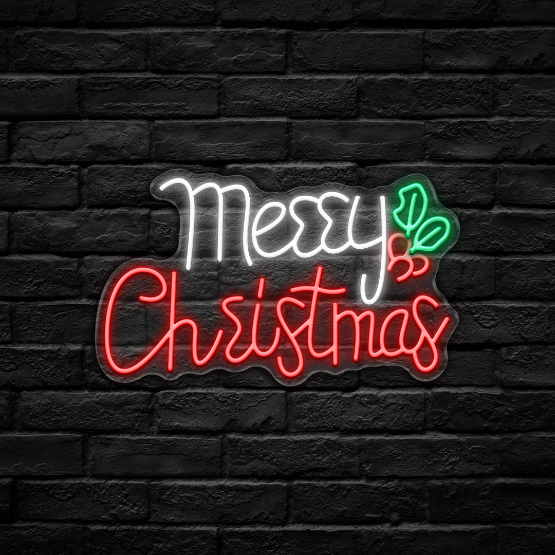 Merry Christmas Holly LED Neon Sign (USB-Dimmable 42cm x 25cm)