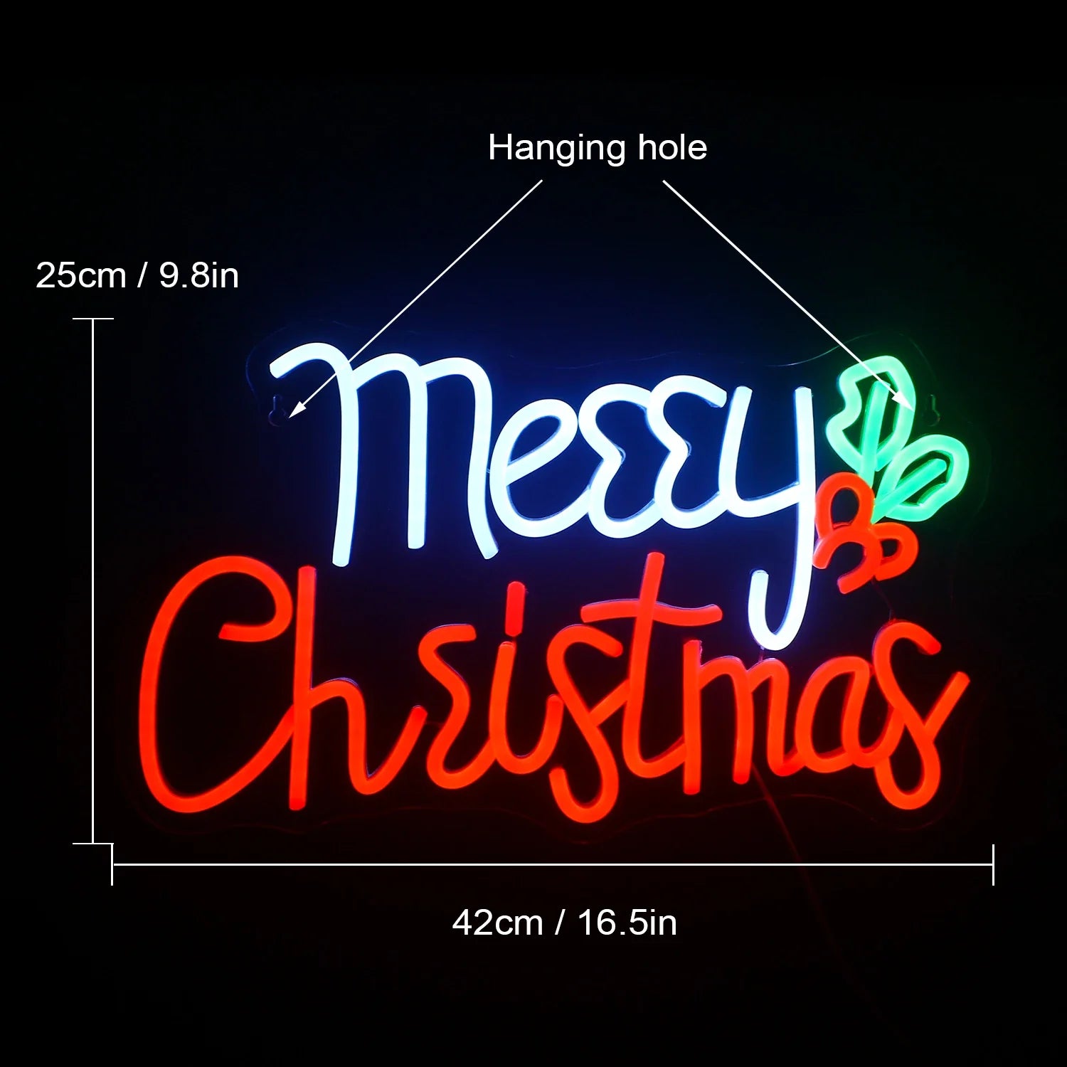 Merry Christmas Holly LED Neon Sign (USB-Dimmable 42cm x 25cm)
