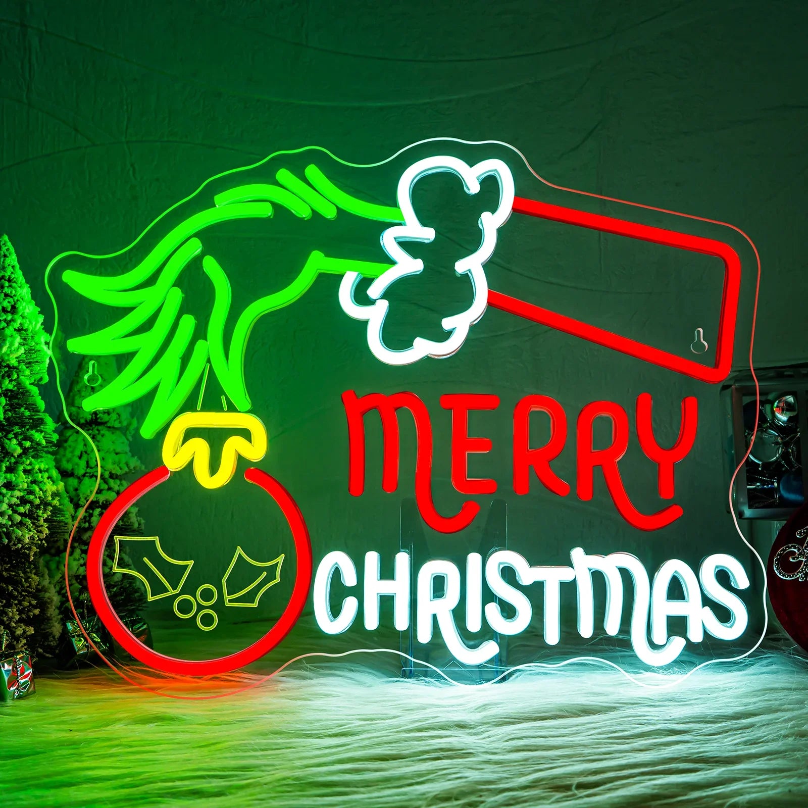 Merry Christmas & Grinchy Hand LED Neon Sign (USB-Dimmable 41cm x 32cm)